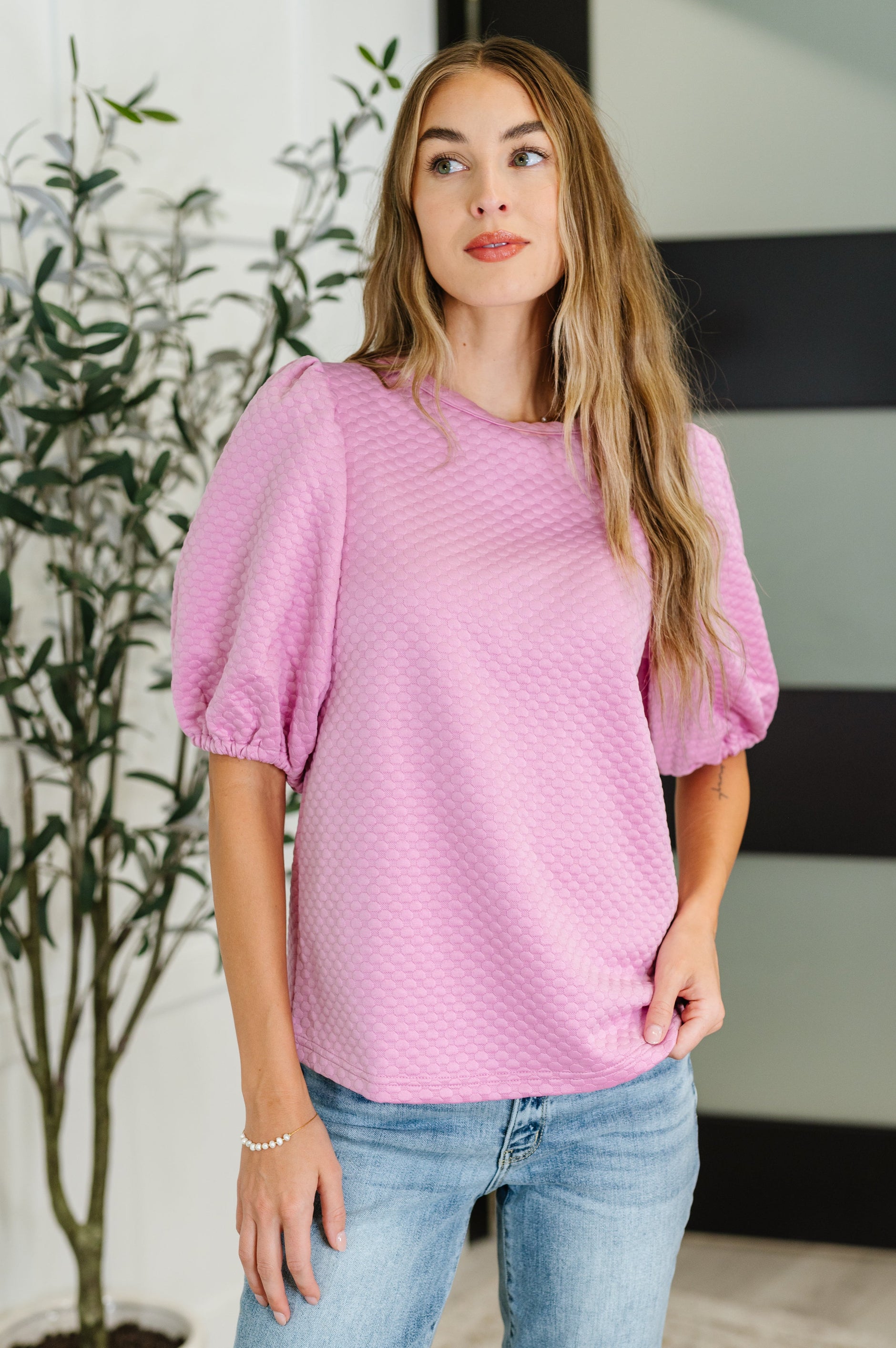 Textured Balloon Sleeve Blouse in Pink - SwagglyLife Home & Fashion
